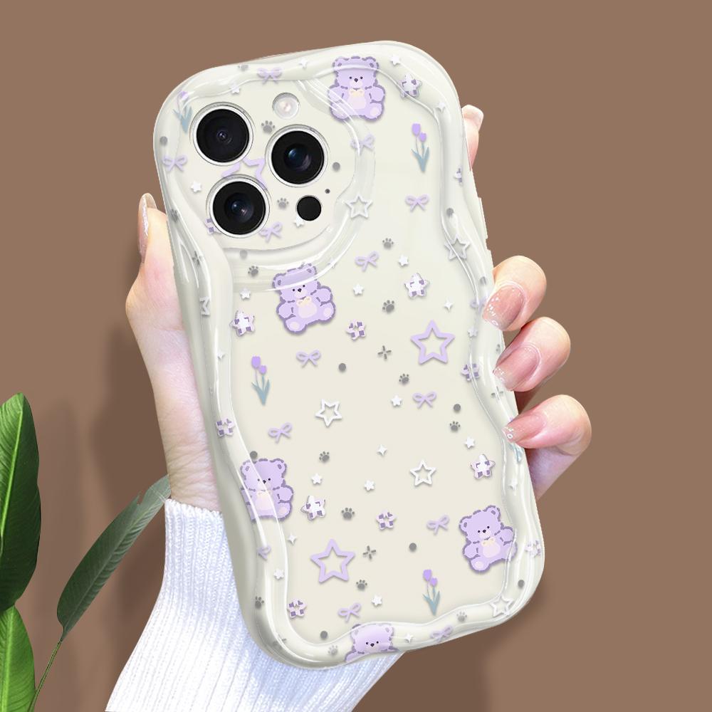 Для iPhone 16 15 14 Samsung S25 S24 S23 A06 A13 A14 A15 A16 A55 Redmi 14C 13C Note 14 13 12 Мягкий силиконовый чехол для телефона с волнистыми краями и изображением звезды и медведя