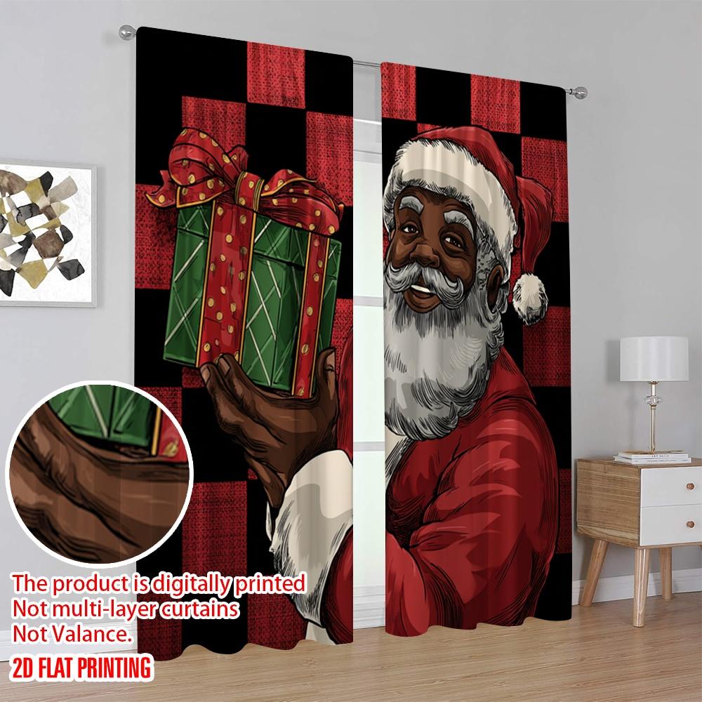 2pcs,2D plane printing Curtains&Window Treatment Black Santa Claus Versatile Polyester Fabric (without rod) Decorations Outdoor