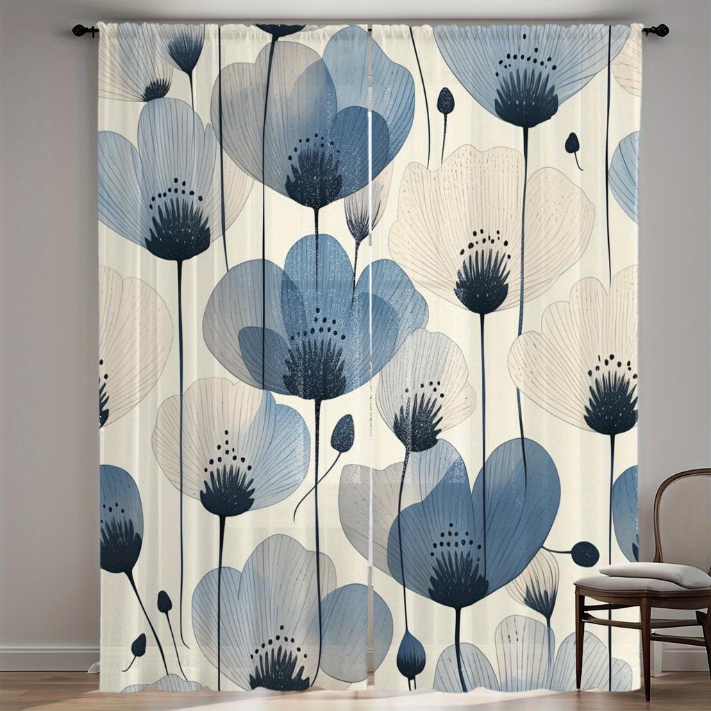 2Pc Fresh Floral Print Curtains, Polyester Fabric, Machine Washable, Suitable For Bedroom And Living Room Decoration