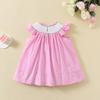 Summer Girls Pink Plaid Cotton Dress Cute Cartoon Embroidery Princess Breathable Casual Party Wear For Kids