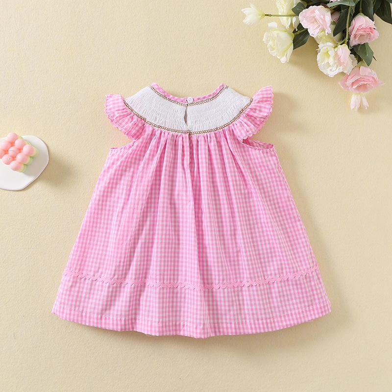 Summer Girls Pink Plaid Cotton Dress Cute Cartoon Embroidery Princess Breathable Casual Party Wear For Kids
