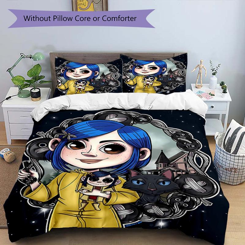 3pcs Coraline Design Cover Set - HD Printed Bedding with 1 Cover and 2 Pillowcases - Perfect for Home and Dorm Decor