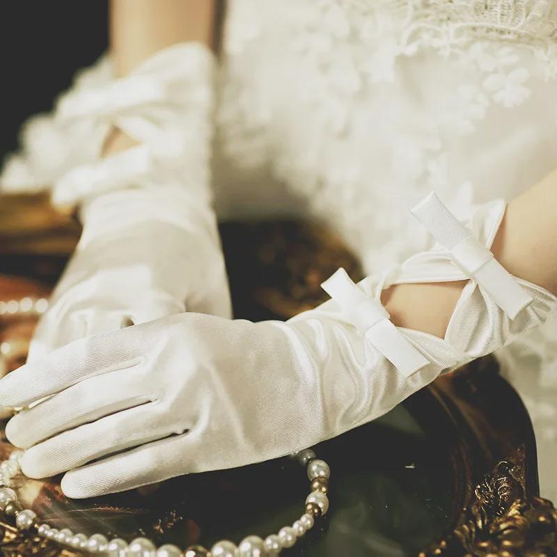 Hepburn Style Lace Bridal Gloves with Red and White Bow