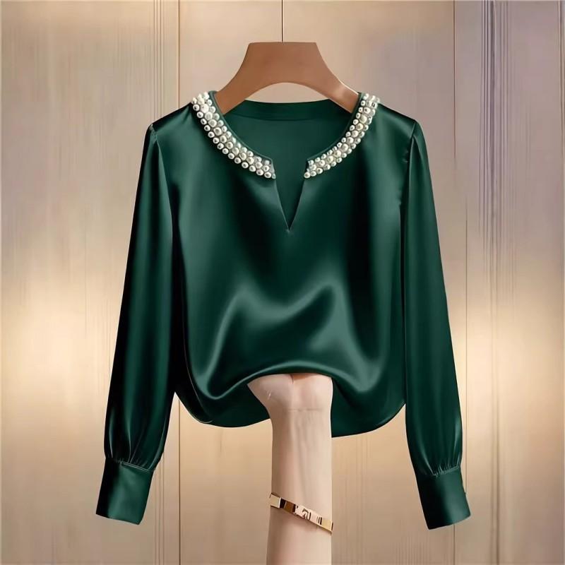 Elegant V-Neck Pearl-Embellished Satin Blouse Women 2026 Lightweight Chic Top