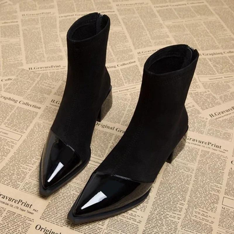 Весна и осень Высококачественные женские сапоги на низком каблуке для вечеринок 2024 года. Продажа новых стильных женских сексуальных однотонных модных сапог с острым носком