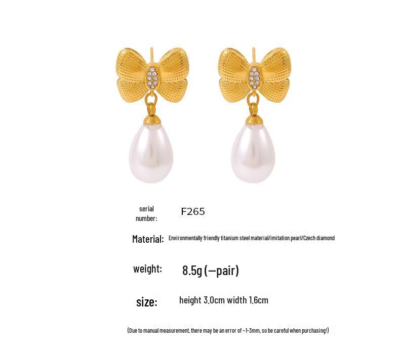 Korean Style Diamond Bow Tassel Faux Pearl Earrings - Women's 18k Gold-Plated Titanium Steel Fashion.