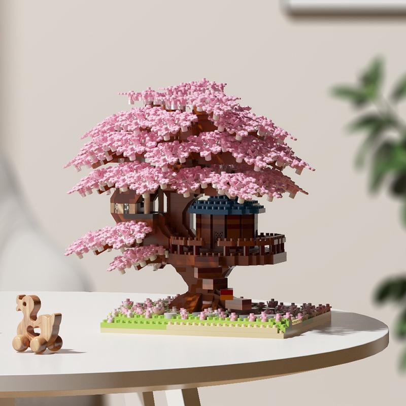 Pink Cherry Tree House Building Micro-particle Building Block Classic Model Kids Boys Girl Series Difficult Assembly Toys