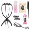 Wig Care Set with Accessories: Stand, Hair Net, Electric Splint, Care Solution, BB Clip, and Comb.
