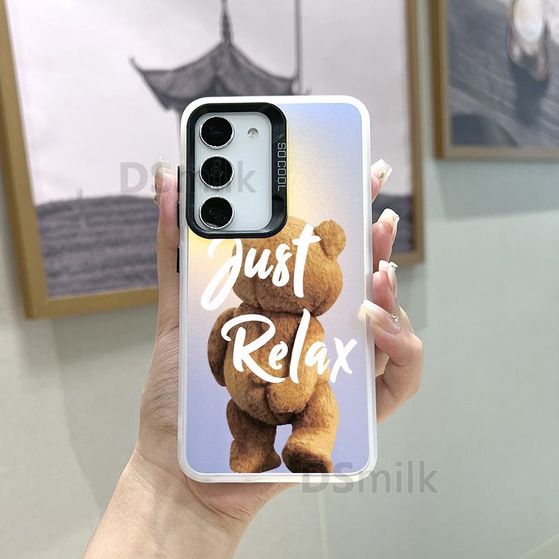 Чехол для мобильного телефона Samsung S24Plus с красочным лазерным дизайном — совместим с S23/S22/S21 — с рисунком белого цвета Aurora и милым мишкой TD.