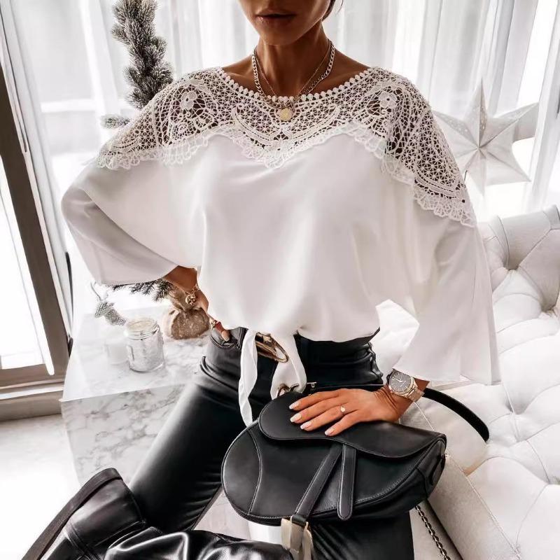 Весенне-осенняя женская кружевная блузка с длинным рукавом, однотонные топы с круглым вырезом для поездок на работу