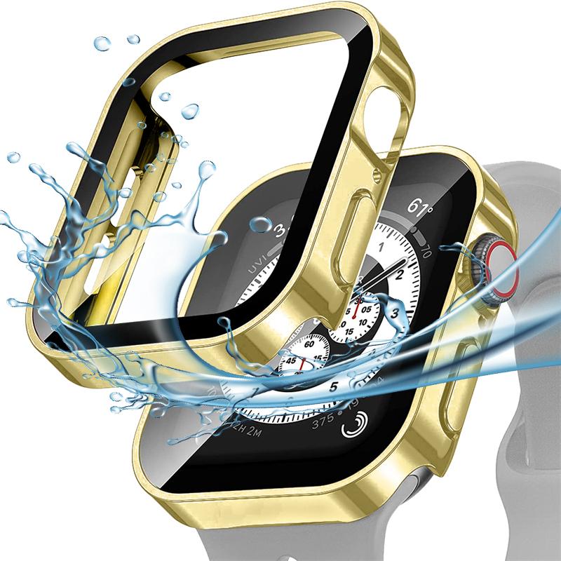 Стекло + чехол для Apple Watch Case 8 7 6 SE Защитная пленка для экрана Бампер с прямым краем IWatch Series 44 мм 40 мм 41 мм 45 мм 4 5 Водонепроницаемый чехол