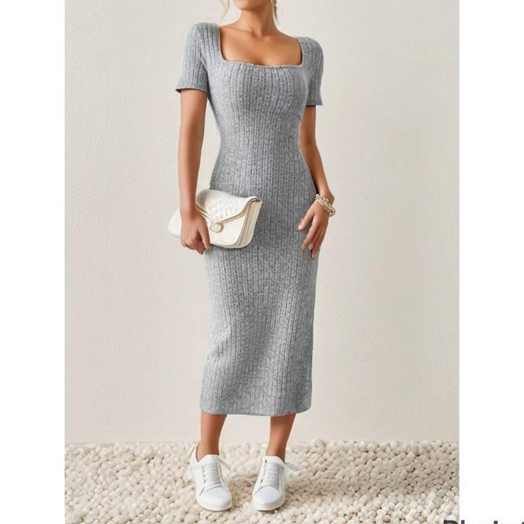Летнее платье с квадратным вырезом, юбкой миди, пуловер, короткий рукав, универсальный трикотаж, разрез