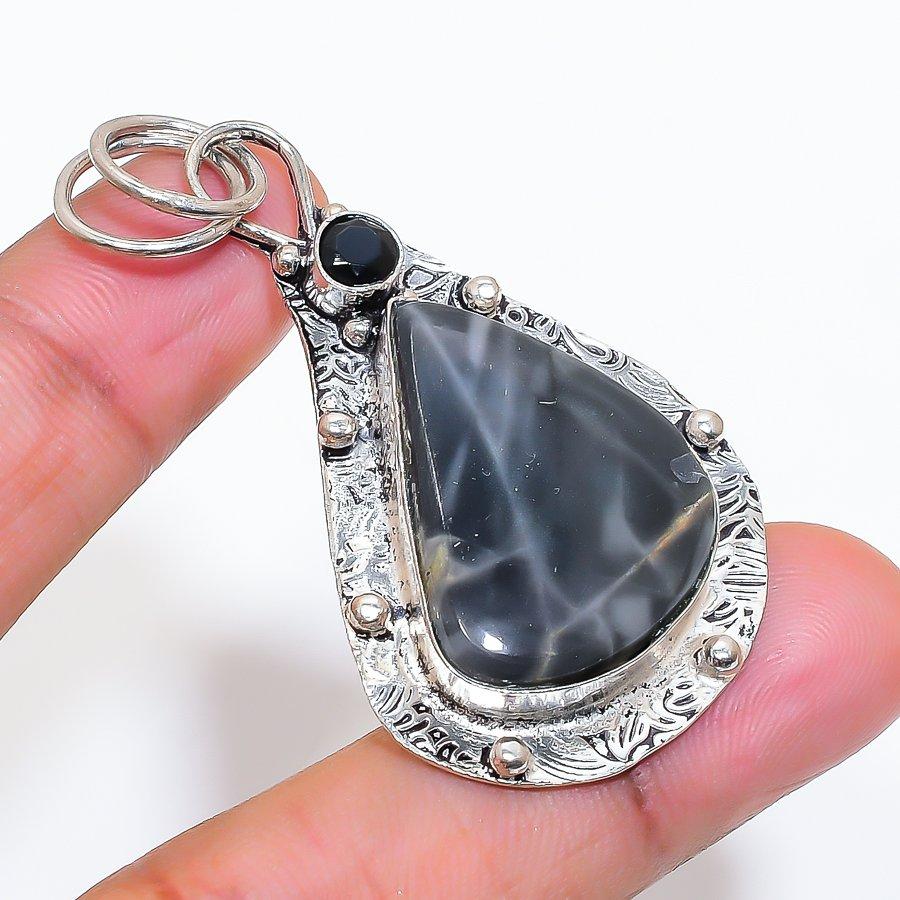 Natural Maligano Jasper, Spinel 925 Sterling Silver Jewelry Pendant 2.32" ZS-39