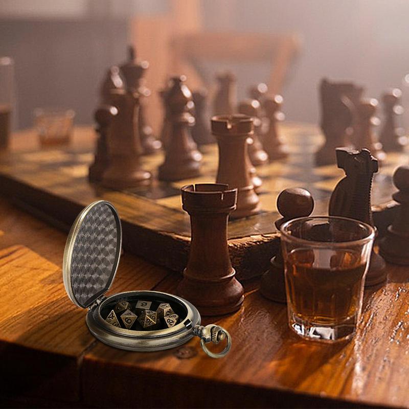 Металлический набор многогранных кубиков Металлические кубики в корпусе карманных часов Портативные Винтажные Стимпанк Изысканные кубики Для любителей игр Математика