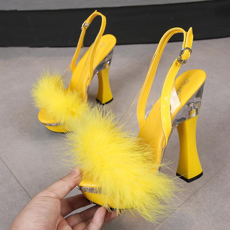 Летние босоножки на очень высоком каблуке с прозрачными светящимися лепестками для стриптиза, женские туфли для ночного клуба, сексуальные сандалии с открытым носком и толстым каблуком, покрытые мехом