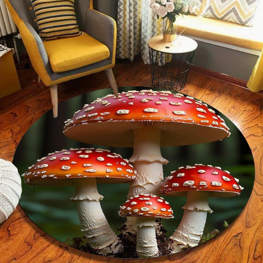 Illustration Style Mushroom Round Rug Mushroom Pattern Home Decor Carpet Soft Non-Slip Floor Mat for Living Room Bedroom