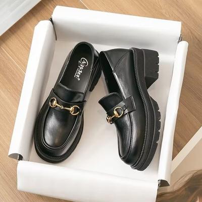 2024Новые туфли на высоком каблуке, маленькие кожаные туфли, универсальные, в стиле One Step Stepping, в британском стиле, в стиле ретро, на толстой подошве, увеличивающие рост, мокасины на высоком каблуке