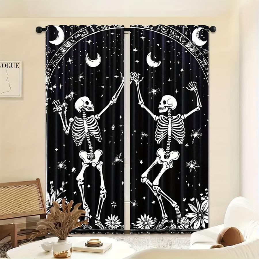 2 Pack Digital Print Curtains Dancing Skeletons Crescent Moon Stars Flowers Black White Cartoon Fun Halloween Window Decor