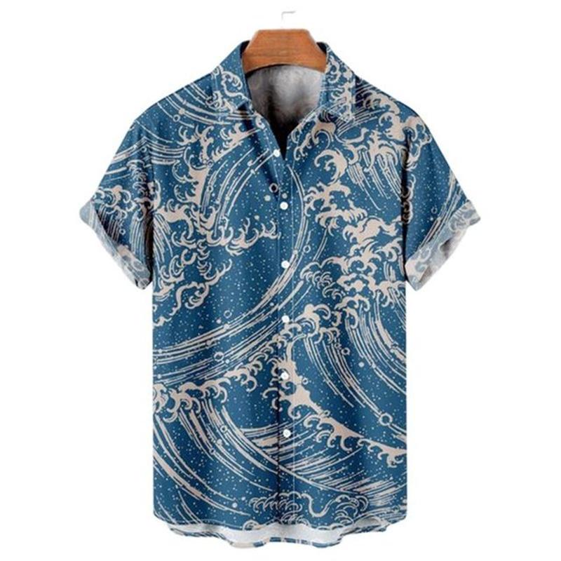 Men's Hawaiian Retro Waves Shirts 3D Printed Short Sleeves Casual Lapel Beach Style Tops Fashion Versatile Style Clothing