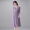 100% mulberry silk French V-neck short sleeved dress 2026 summer commuting versatile mid length silk dress