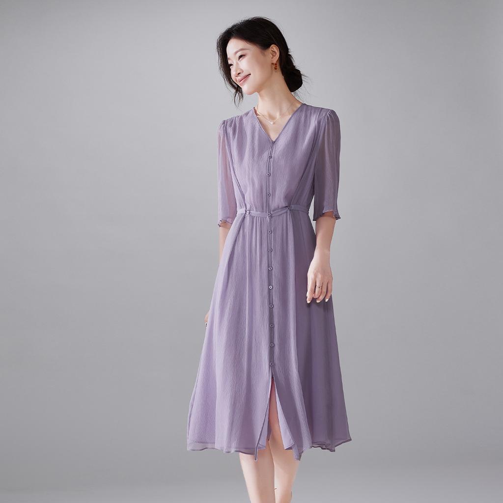 100% mulberry silk French V-neck short sleeved dress 2026 summer commuting versatile mid length silk dress