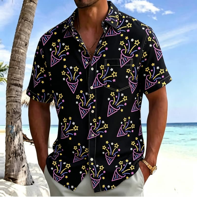 Men's Neon Tropical Printed shirt, Short Sleeved Shirt With pockets, Suitable For Beach Travel And Psychedelic Summer Atmosphere