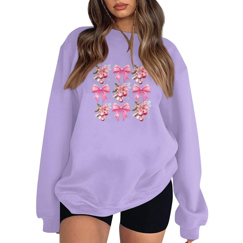 Women's Fashion Long Sleeve Loose Bowknot Printed Round Neck Sweatshirt