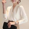 Women Korean Style V-neck Office Blouse 2025 Autumn Loose Tops Plus Size Summer Long Sleeve White Shirt Lady Solid Chiffon Blouse Female 9382