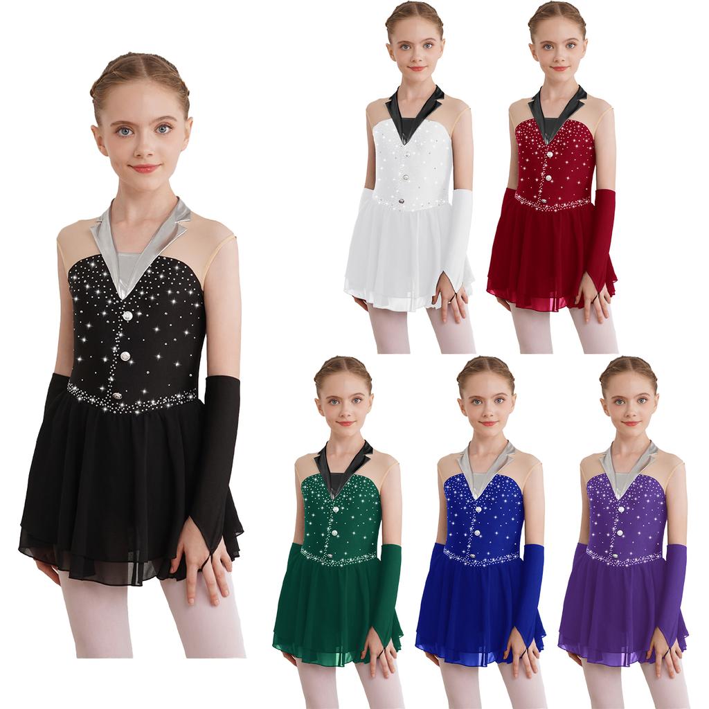 Girls Sparkling Skating Dress Sleeveless Patchwork One Piece with Fingerless Gloves Built In Briefs Performance Costume