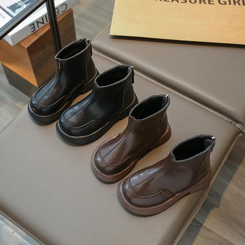 New Children Platform Ankle Boots Solid Color Causal Girls Spring Autumn Leather Boots Fashion Versatile Kids Black Short Boots