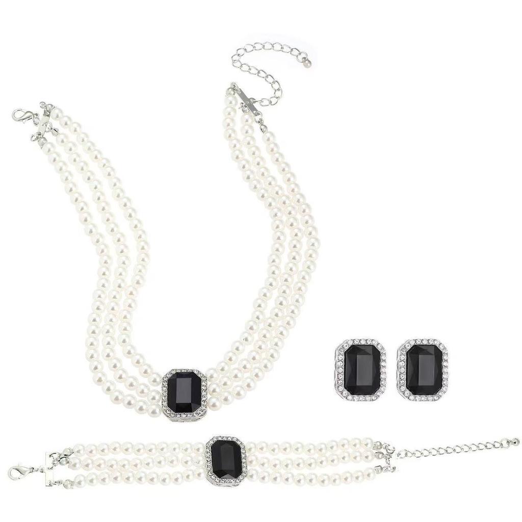 Hepburn Retro Faux Pearl & Gemstone Jewelry Set: Multi-Layer Choker, Bracelet, & Stud Earrings for Women