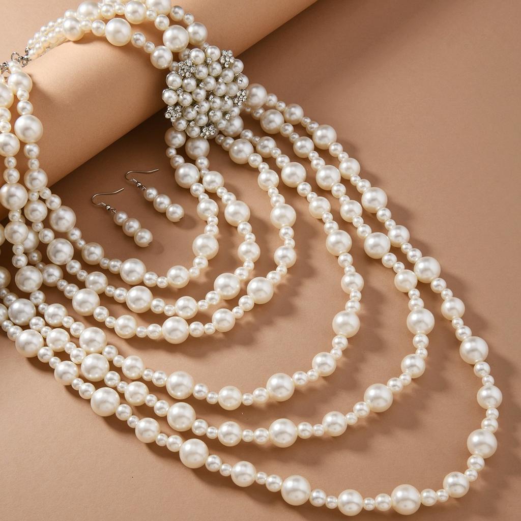 Exaggerated Multi-Layer Imitation Pearl Necklace Earrings Set With Diamonds And Flowers Gorgeous Sweater Chain For Women