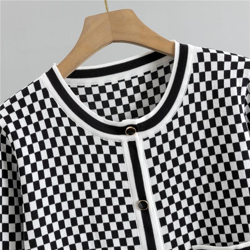 Women's Spring New Fashion Casual Plaid Sweater Wide Leg Pants Knit Two Piece Set