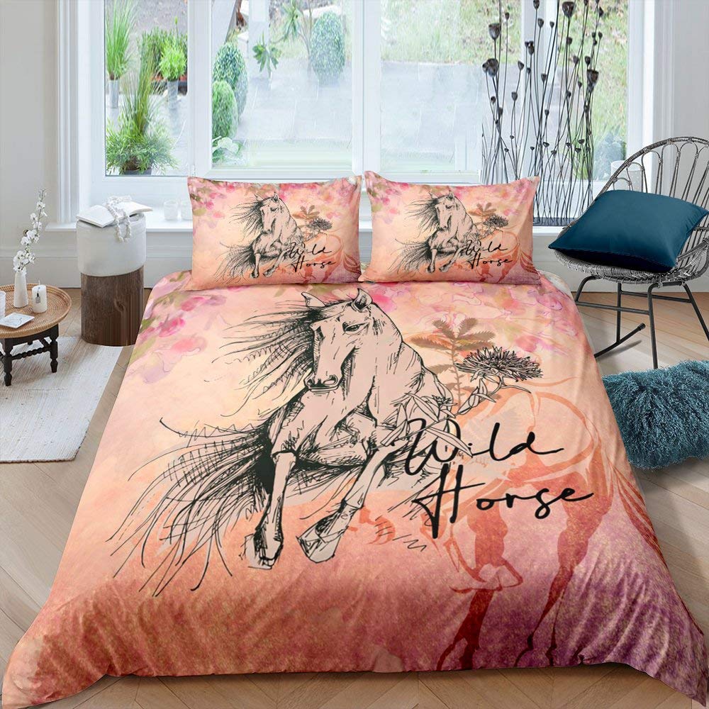 Белый конь Розовый цвет сакуры Король Полный Комплект Постельного Белья Акварельный Цветочный Пододеяльник Животный Пододеяльник Полиэстеровый Чехол для Одеяла