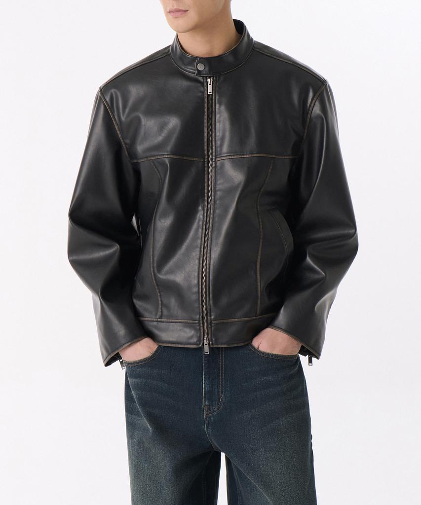 Musinsa Standard Faded Synthetic Leather Racer Jacket [Black]