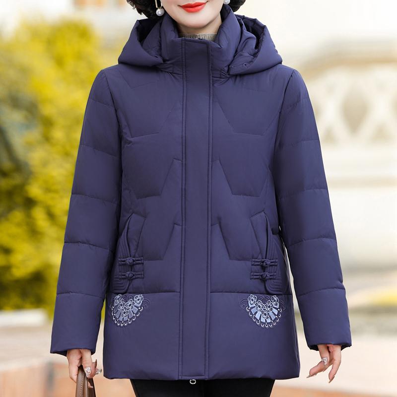 Зимнее пуховое пальто для женщин винтажное больших размеров верхняя одежда с капюшоном элегантное толстое теплое вышитое пуховик женский парки