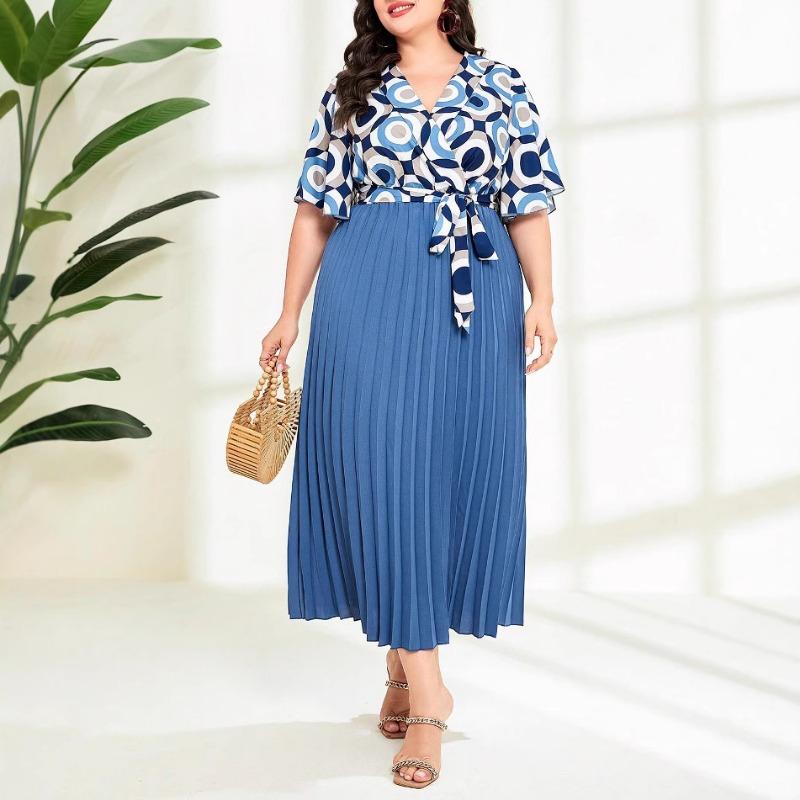 Plus Size Women's Summer New Elegant Temperament Patchwork Pleated Skirt Strap Short Sleeved Dress