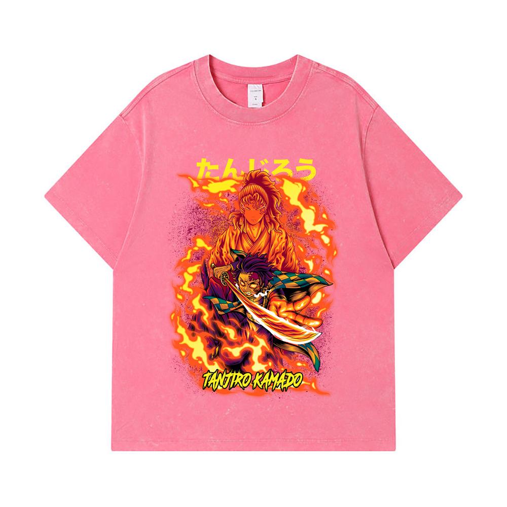 275 GSM Washed T-shirts 100% Cotton Demon Slayer V107 Tanjiro Print Unisex Heavy Cotton T Shirt