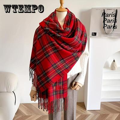 Элегантный красный клетчатый шарф для женщин - очень длинный, объемный платок с кисточками, теплый и ветрозащитный полиэстеровый шарф для отдыха на открытом воздухе