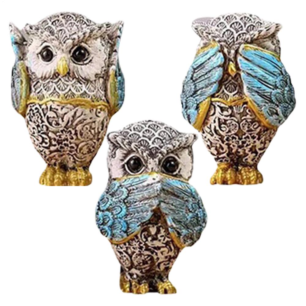 Owl Figurine Creative Tabletop Ornament no listen no see no speak Owl Sculpture for Office Cabinet Living Room Table Centerpiece