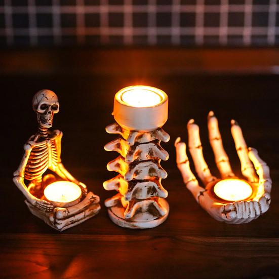 Подсвечник на Хэллоуин из смолы в виде скелета, руки, черепа, хребта, подсвечника, держателя для чайных свечей