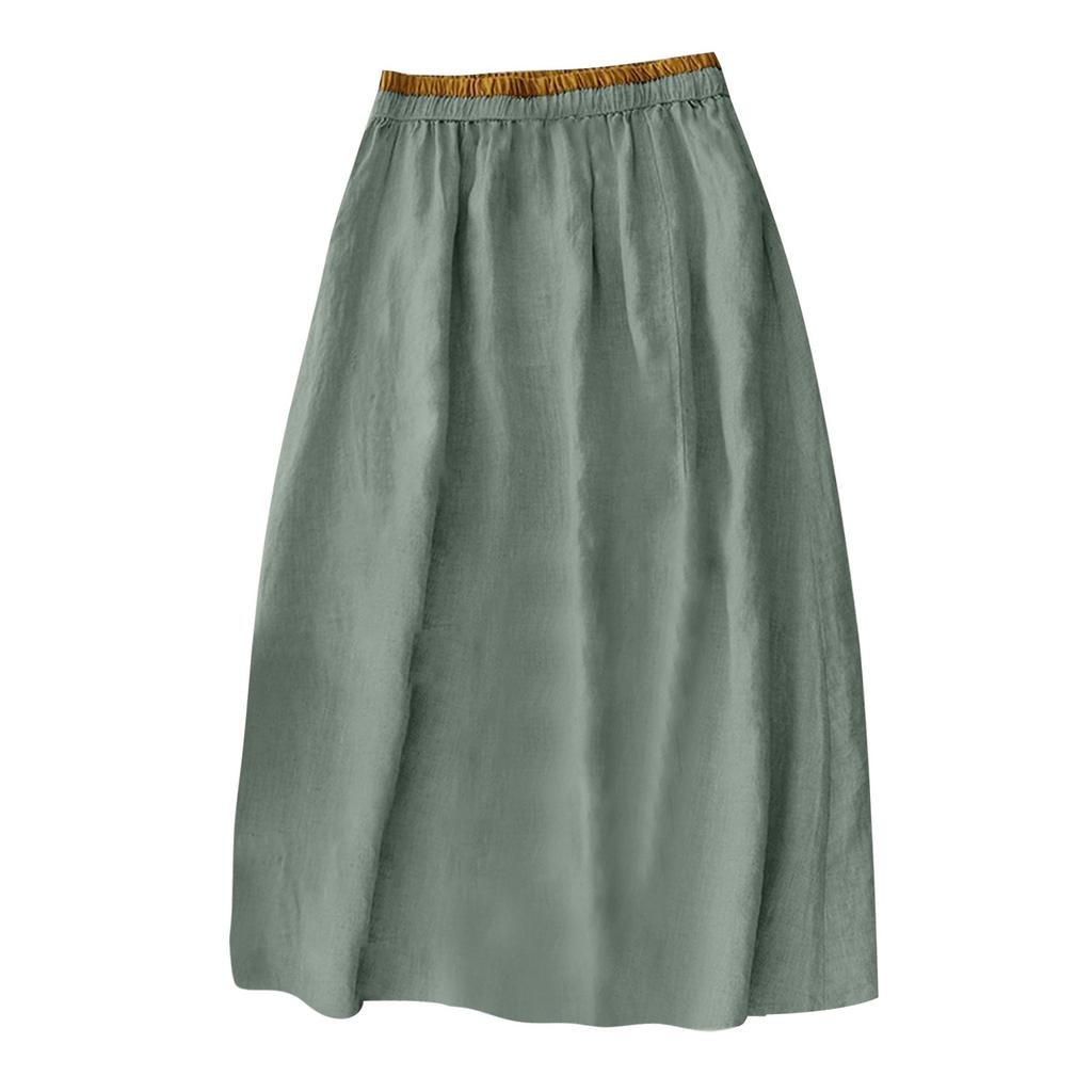 Женская однотонная хлопково-льняная юбка-полусолнце, повседневная, средней длины, на резинке, повседневная юбка-полусолнце