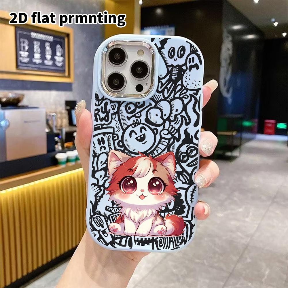 Phone case: 2D flat design suitable for iPhone 18 17 16 15 14 13 Pro protective case, couple style, long-haired kittens, Christmas and Halloween gift