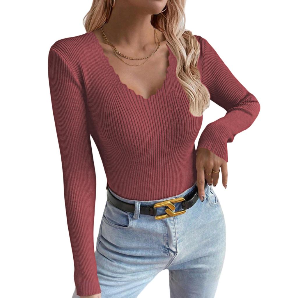 Women's V-neck Solid Color Long-sleeved Pullover Knitted Sweater Bottoming