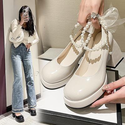 Французские туфли Мэри Джейн, женские, лето 2025, новые босоножки на толстом каблуке с жемчужным бантом, маленькие кожаные туфли в стиле феи