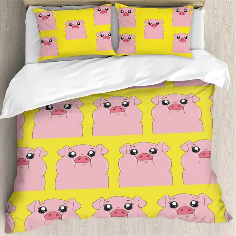 Premium Pink Pig Comforter Cover Cartoon Pig Pattern Bedding Kawaii Animal Sweetheart Floral Print Duvet Cover Children Boys Room Decor