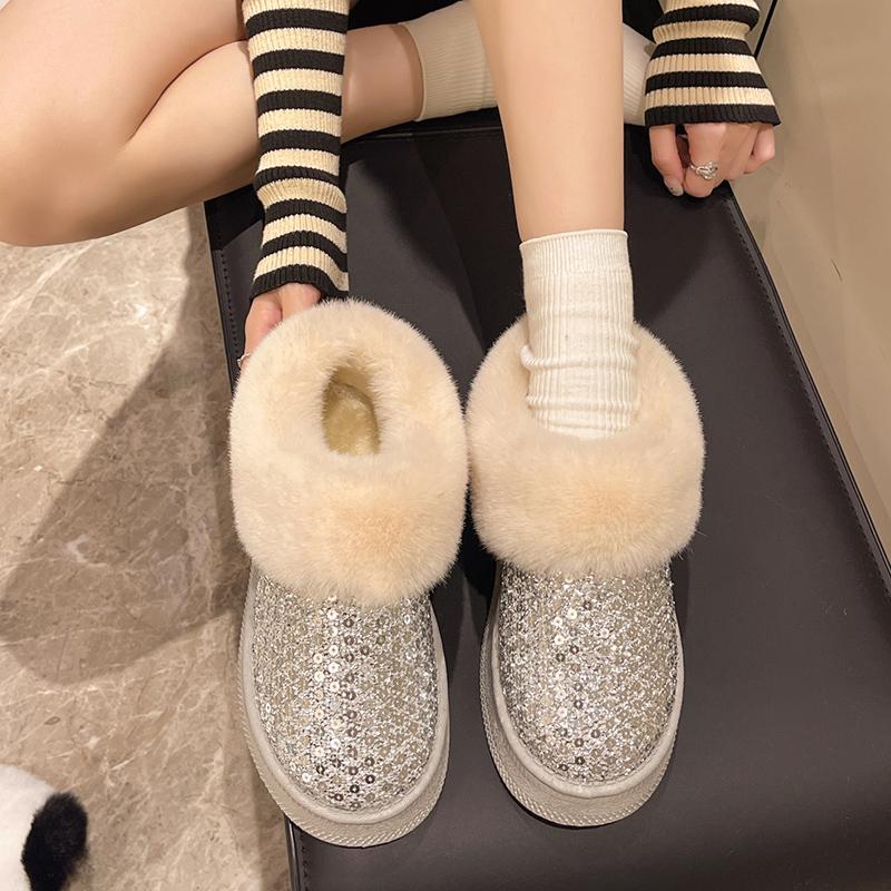 Shiny Sequin Non-Slip Snow Boots Women Winter Faux Fur Platform Plush Ankle Boots Woman Flat Heel Thick Bottom Warm Cotton Botas