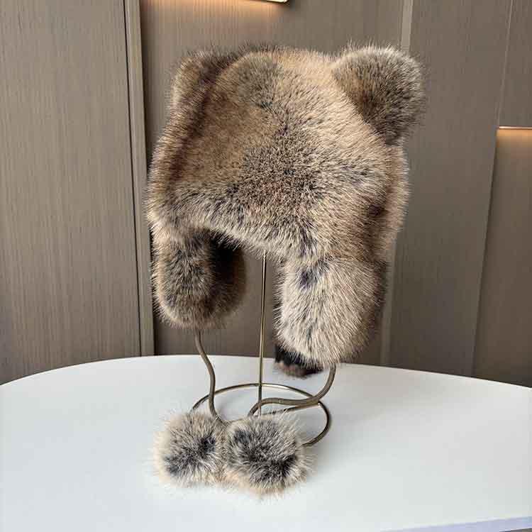 Little raccoon fur hat women's imitation fox hair winter warm thickened Mongolian hat fashionable and cute Lei Feng hat tide