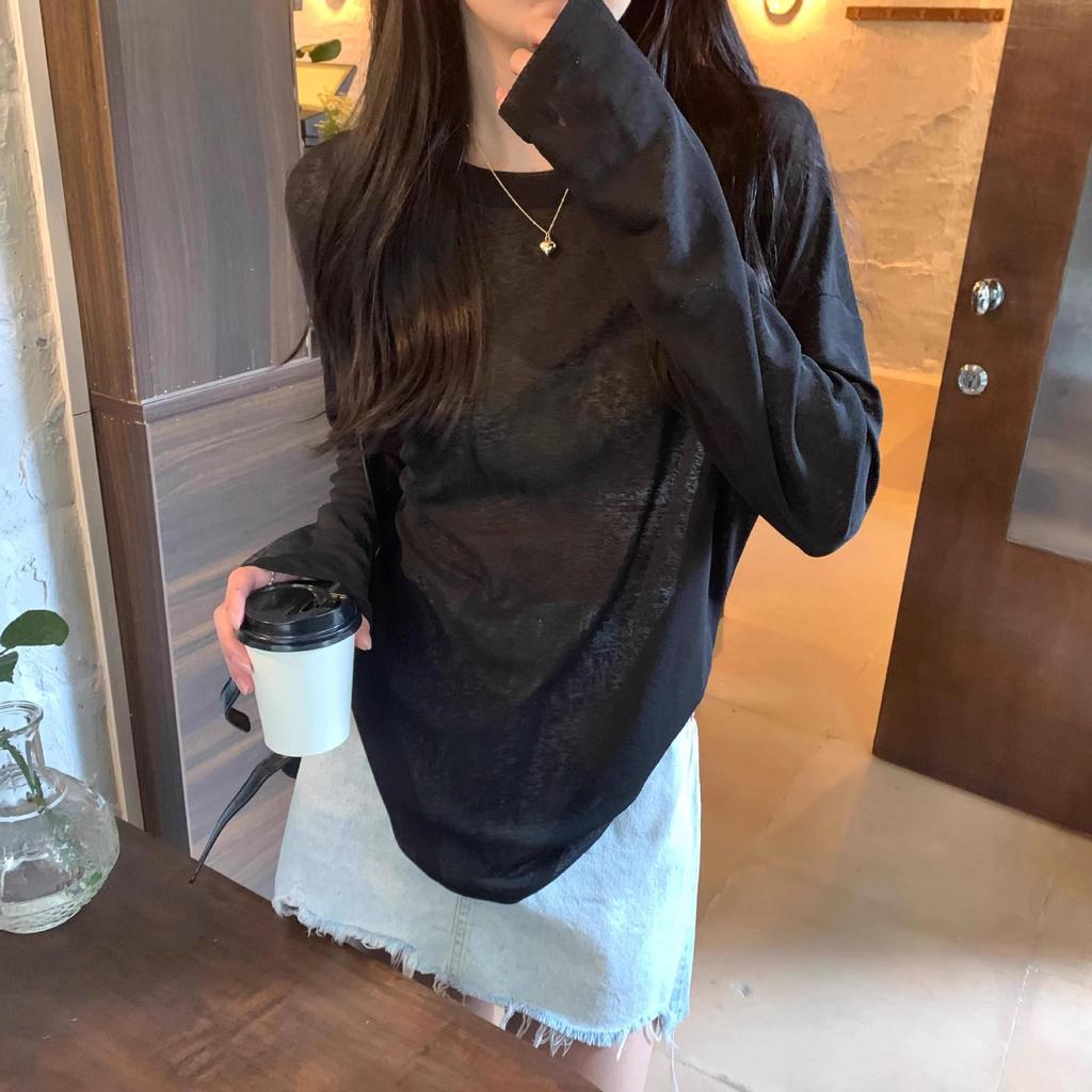 Женская прозрачная желтая футболка с длинными рукавами и солнцезащитным кремом — простая, свободная, с круглым вырезом