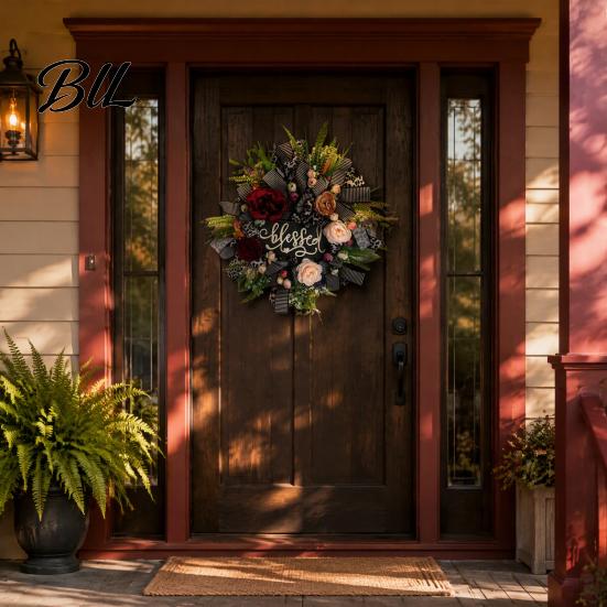Retro Style Door Hanger Fall Leopard Print Wreath for Front Door, Artificial Floral with Holiday Gift Autumn Blessed Sign, Faux Peony Flower